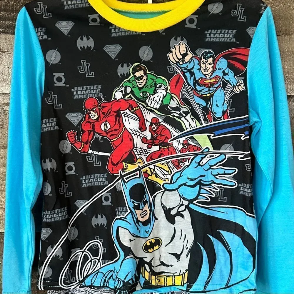 DC Justice League Boys Pajama Set Long Sleeve Top with Pants, Size 8, New w Tags